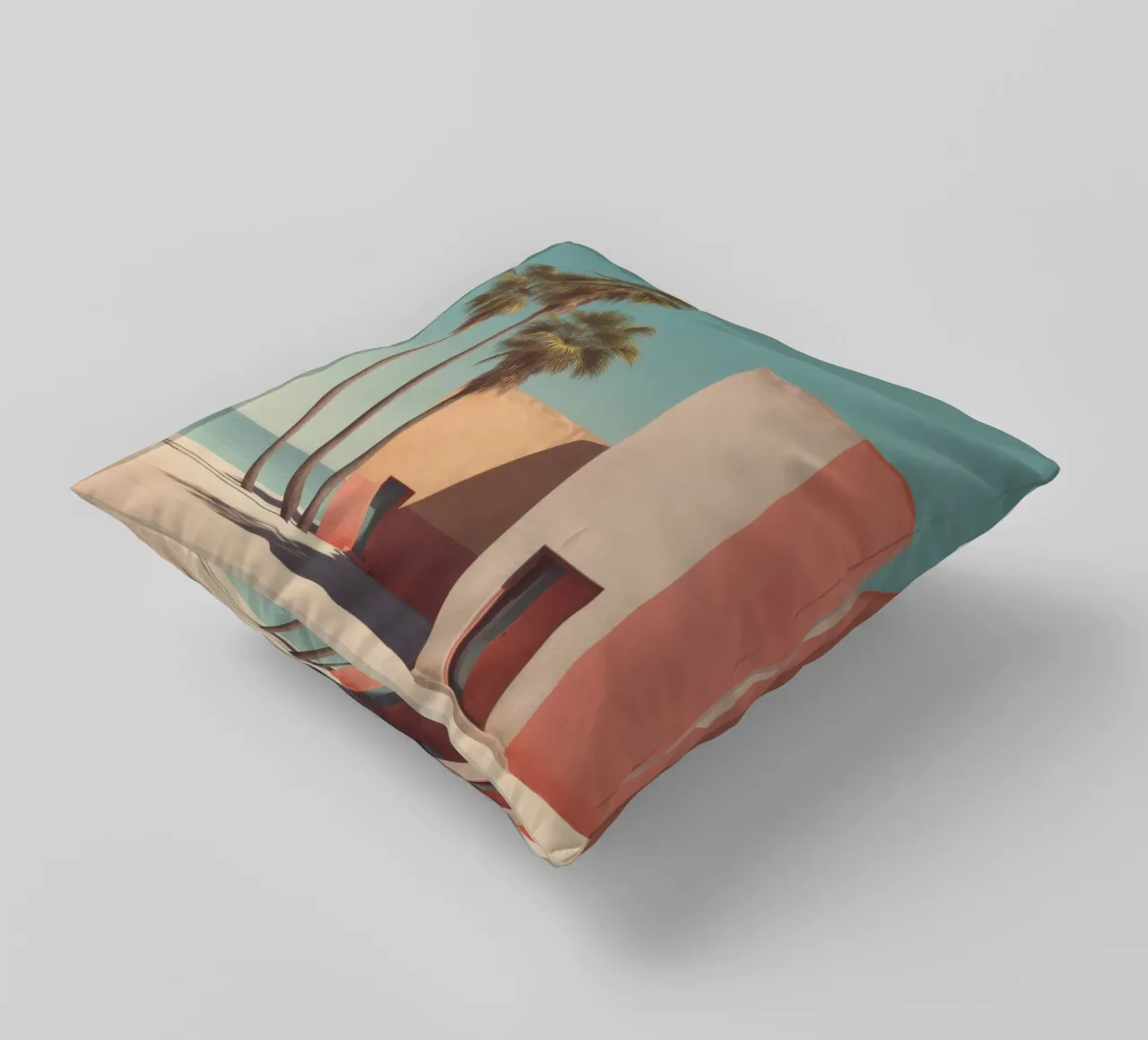Palm trees and minimalist architecture on the water's edge decorative cushion by Affiches Minimalistes