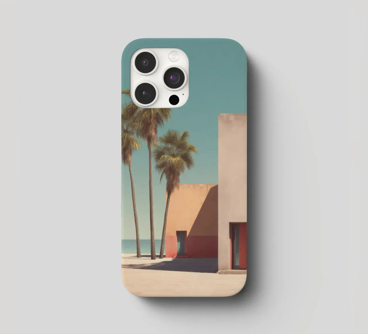 Palm trees and minimalist architecture on the water's edge iphone case by Affiches Minimalistes