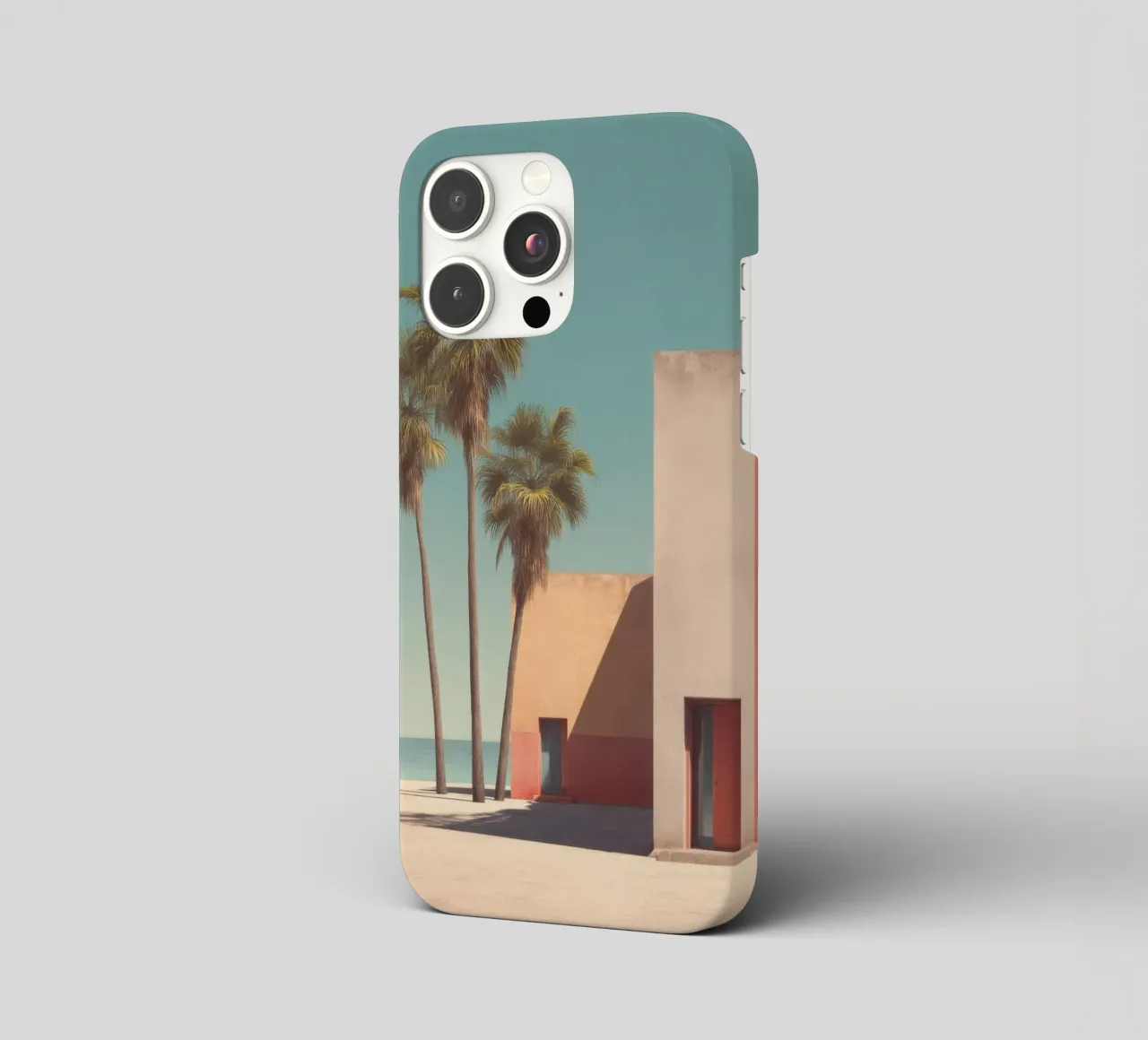 Palm trees and minimalist architecture on the water's edge iphone case by Affiches Minimalistes