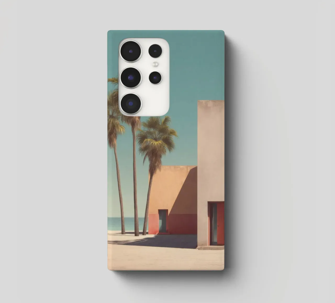 Palm trees and minimalist architecture on the water's edge samsung phone case by Affiches Minimalistes