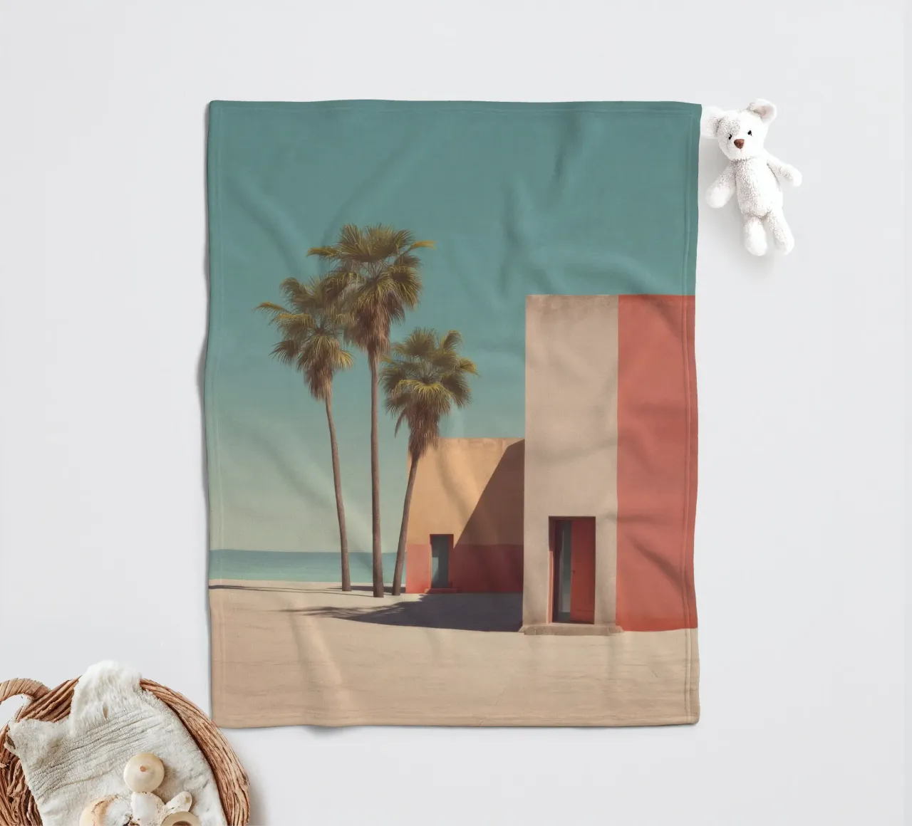Palm trees and minimalist architecture on the water's edge fleece blanket by Affiches Minimalistes