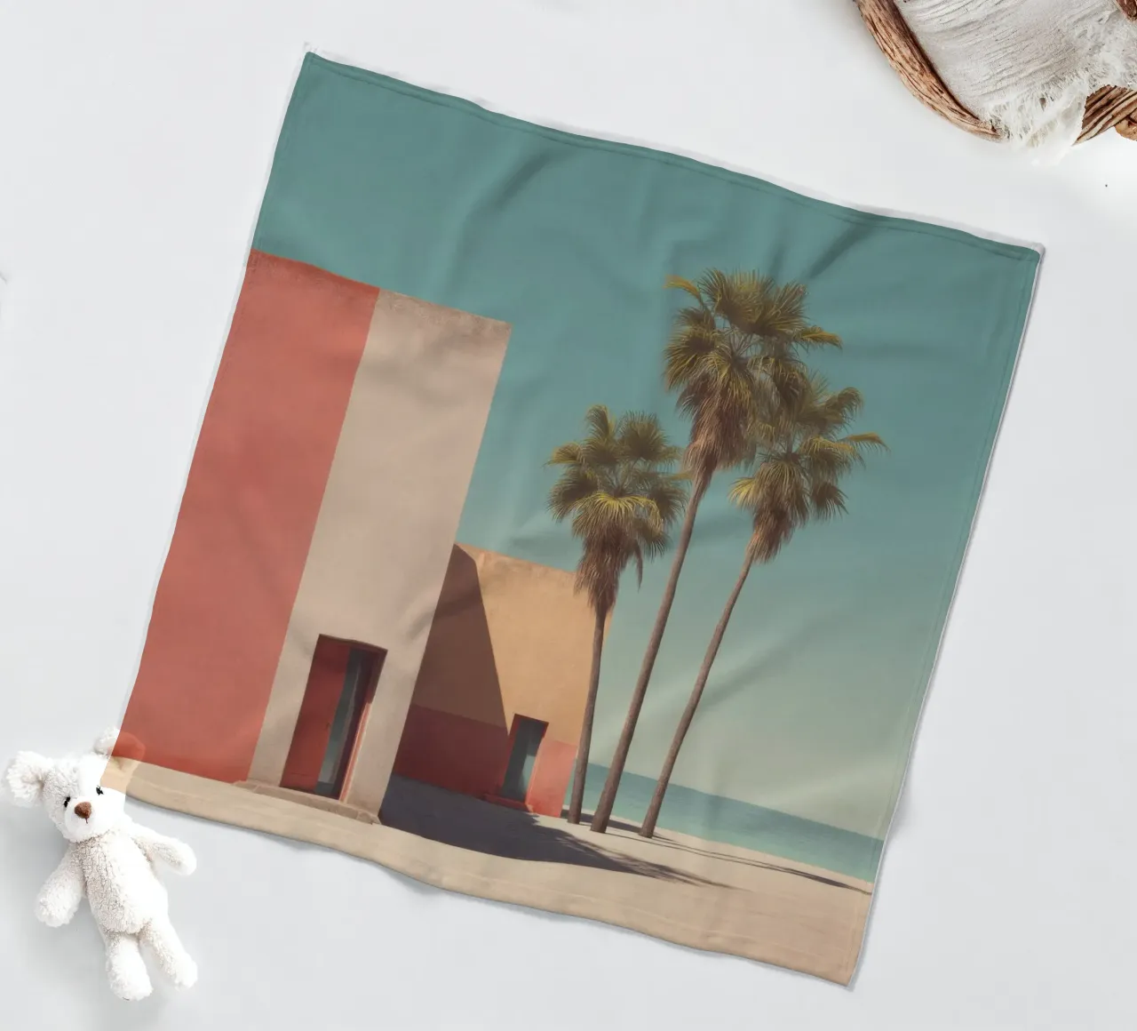 Palm trees and minimalist architecture on the water's edge fleece blanket by Affiches Minimalistes