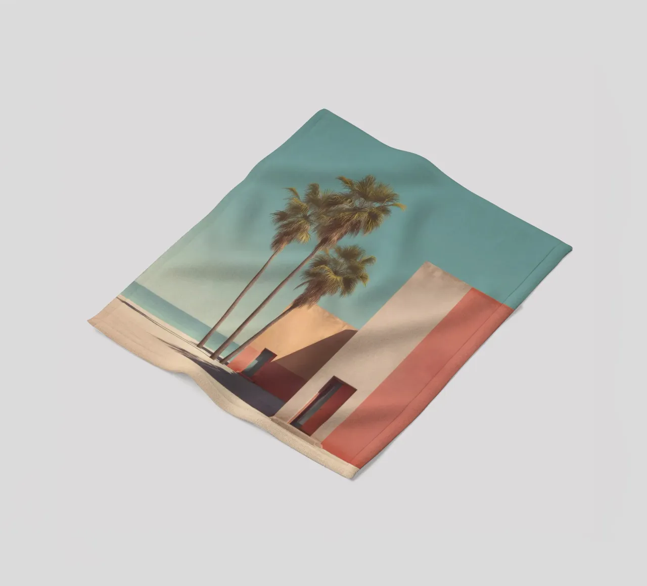 Palm trees and minimalist architecture on the water's edge fleece blanket by Affiches Minimalistes
