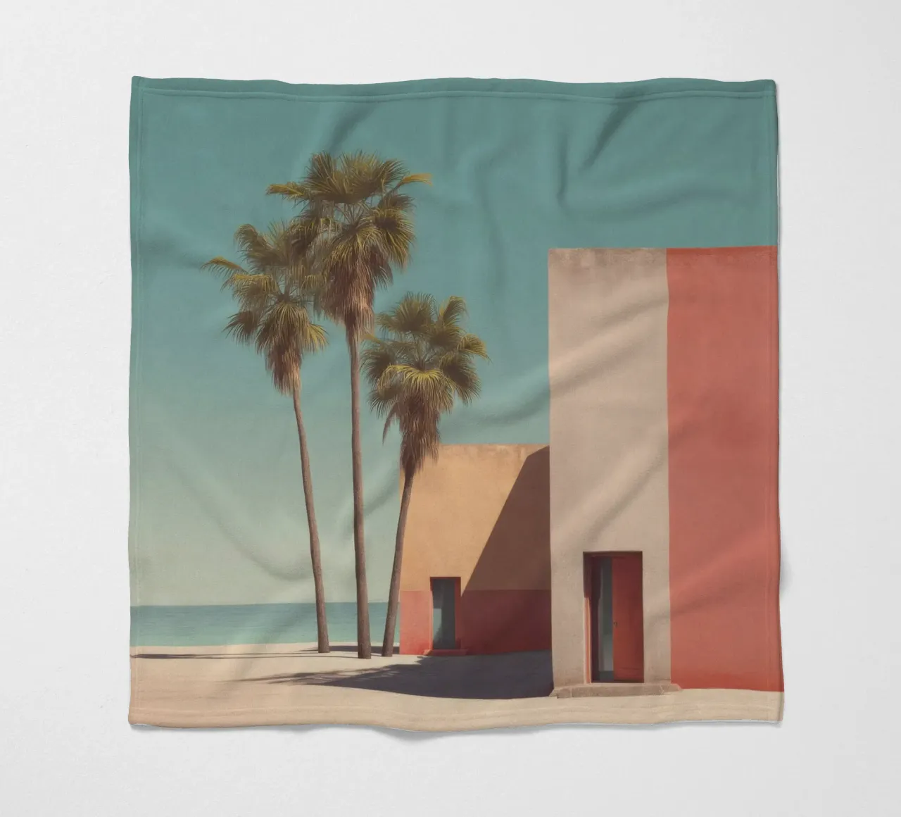 Palm trees and minimalist architecture on the water's edge fleece blanket by Affiches Minimalistes