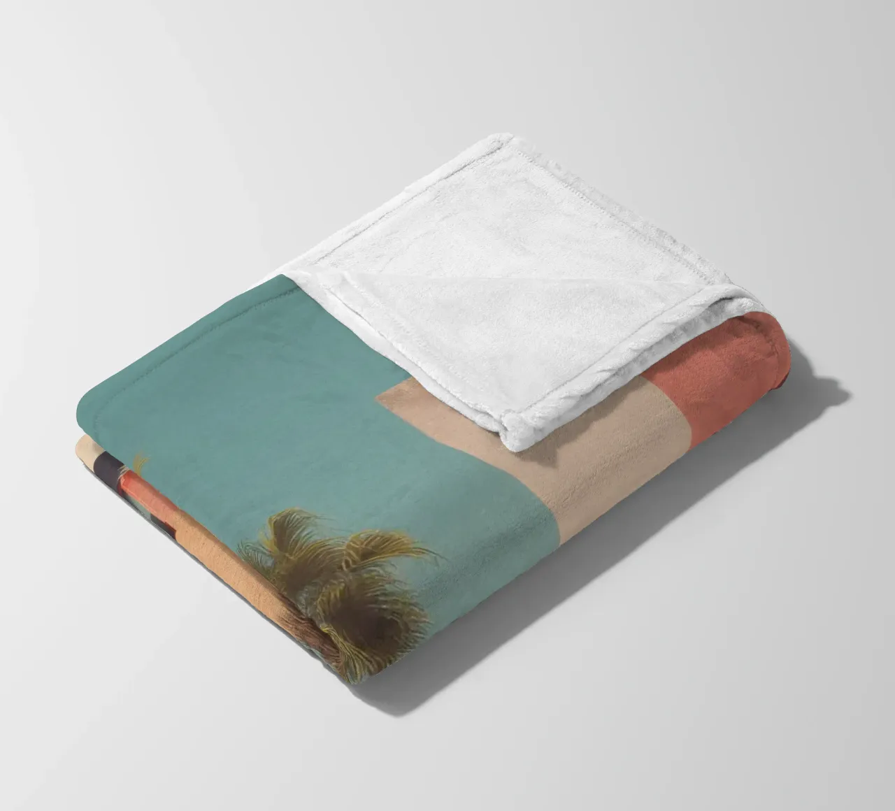 Palm trees and minimalist architecture on the water's edge fleece blanket by Affiches Minimalistes
