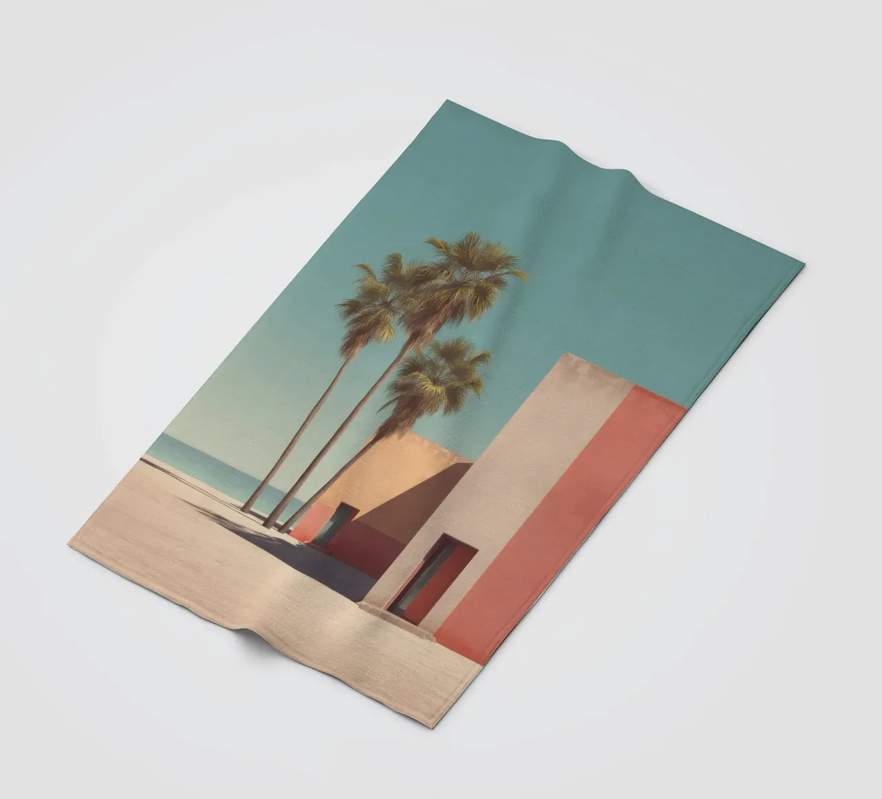 Palm trees and minimalist architecture on the water's edge fleece blanket by Affiches Minimalistes