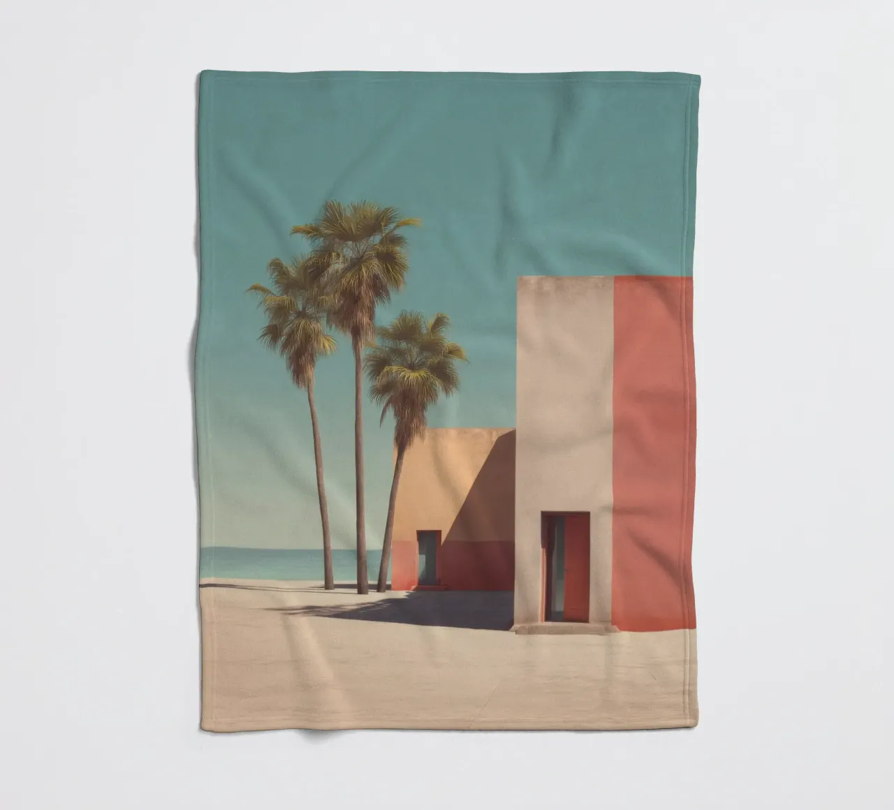 Palm trees and minimalist architecture on the water's edge fleece blanket by Affiches Minimalistes