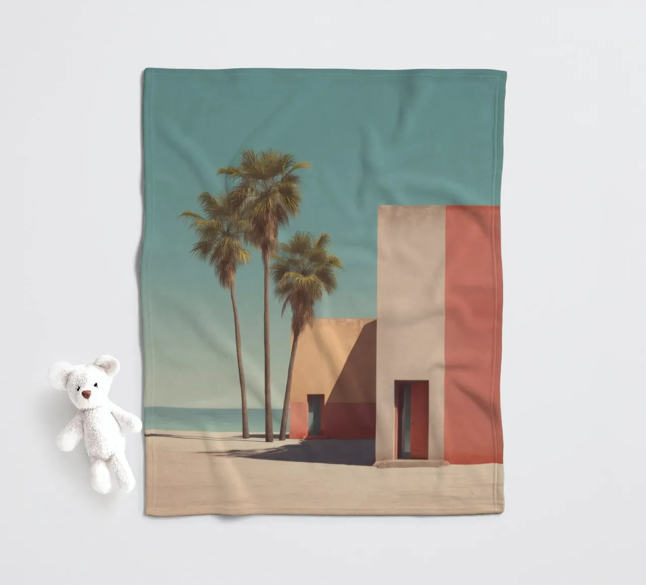 Palm trees and minimalist architecture on the water's edge fleece blanket by Affiches Minimalistes