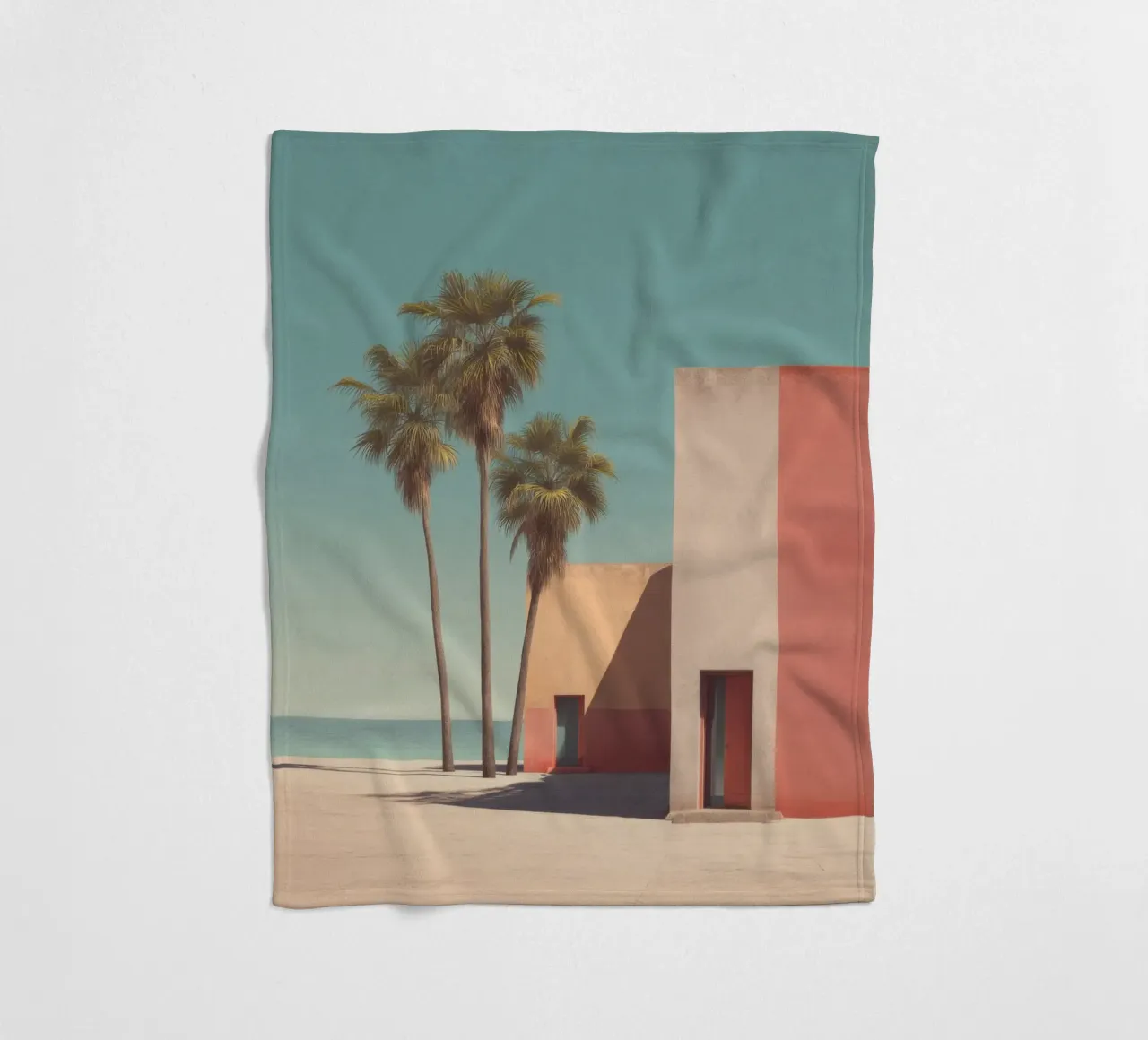 Palm trees and minimalist architecture on the water's edge fleece blanket by Affiches Minimalistes