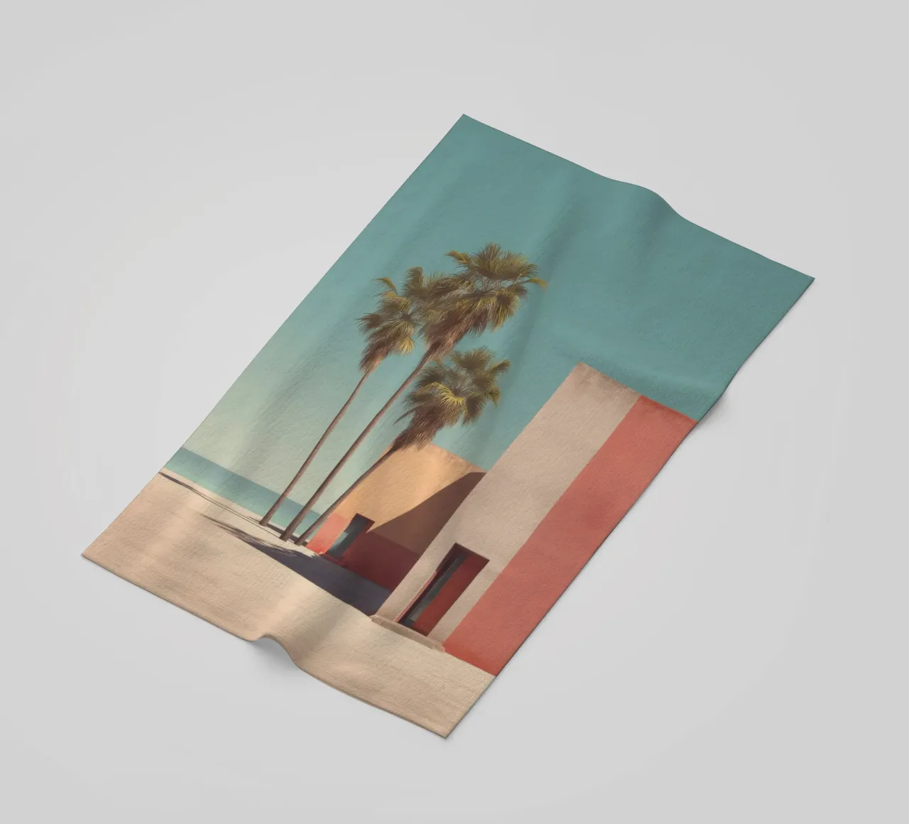 Palm trees and minimalist architecture on the water's edge beach towel by Affiches Minimalistes