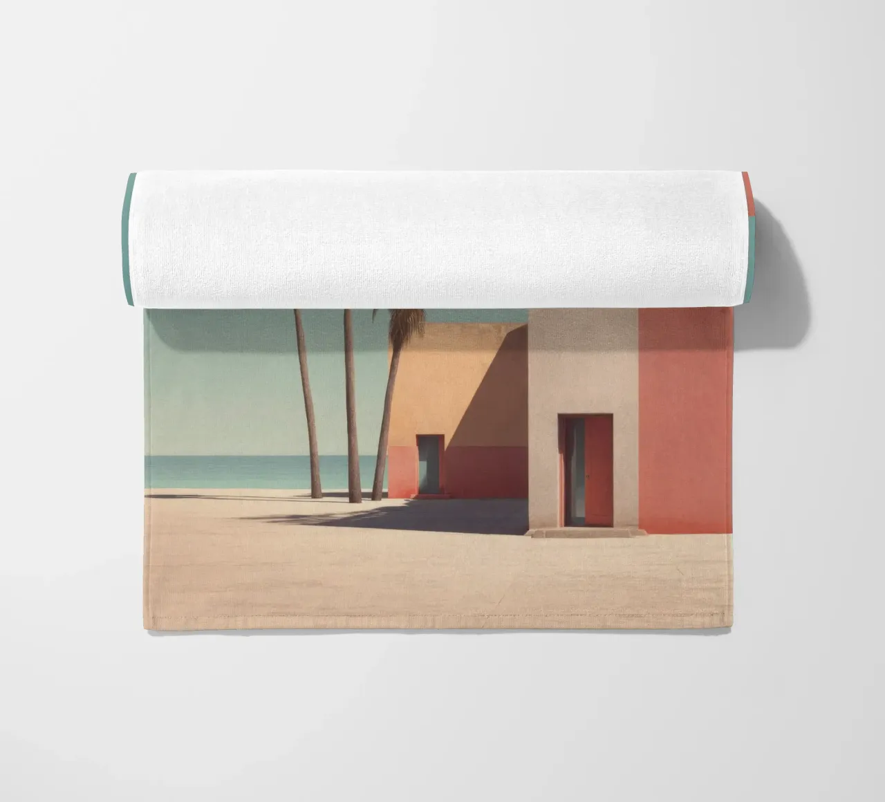 Palm trees and minimalist architecture on the water's edge beach towel by Affiches Minimalistes
