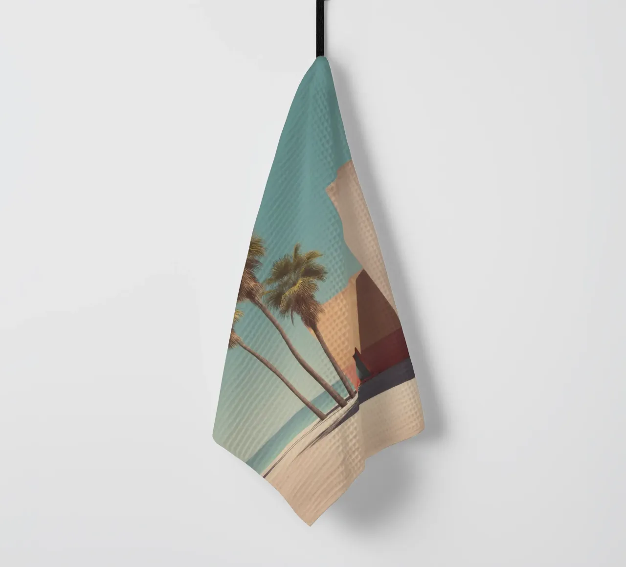 Palm trees and minimalist architecture on the water's edge tea towel by Affiches Minimalistes