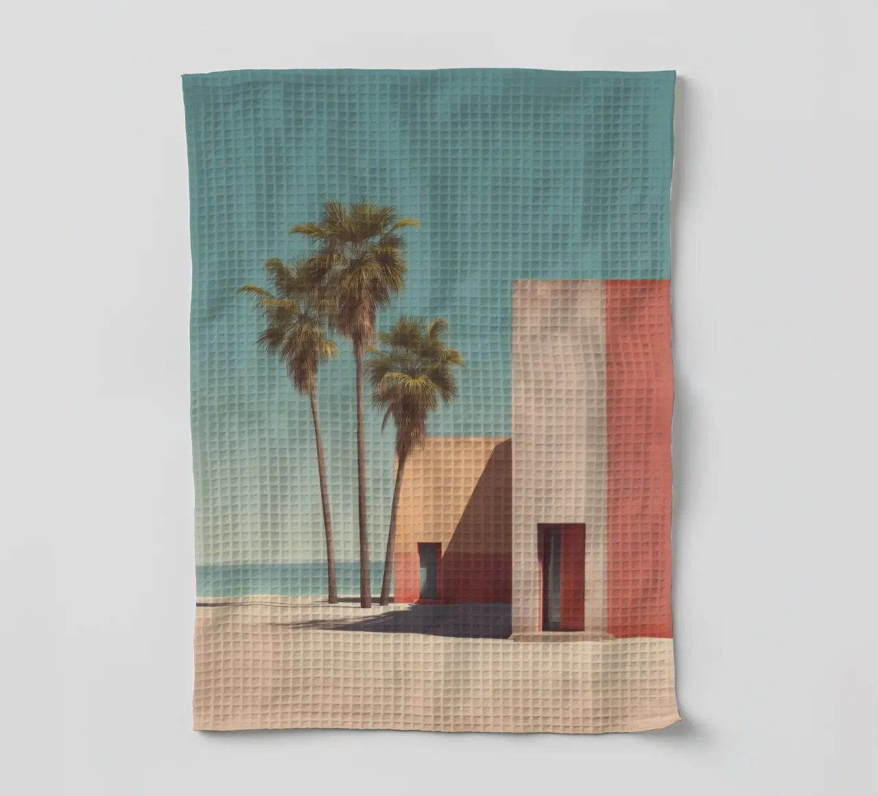 Palm trees and minimalist architecture on the water's edge tea towel by Affiches Minimalistes