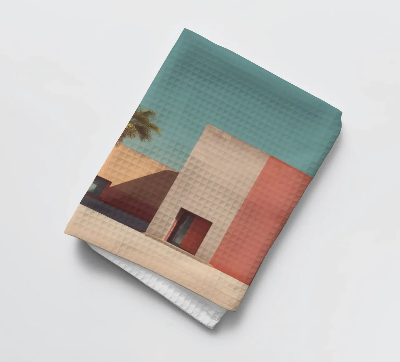 Palm trees and minimalist architecture on the water's edge tea towel by Affiches Minimalistes