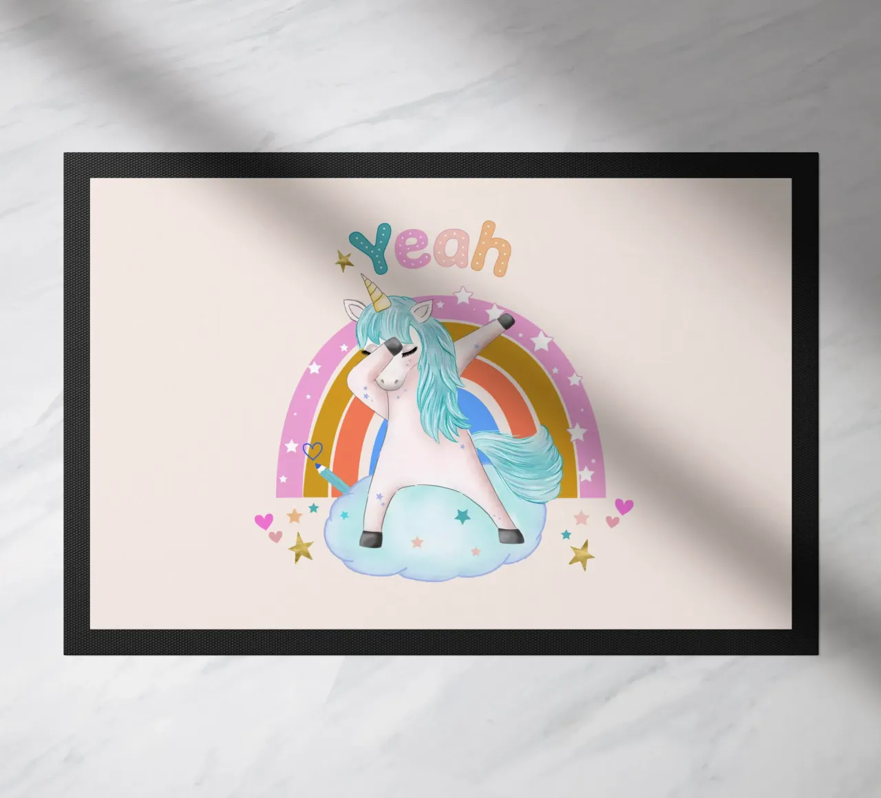 Yeah, this unicorn is dancing and happy. Personalise it doormat by CalliLetters