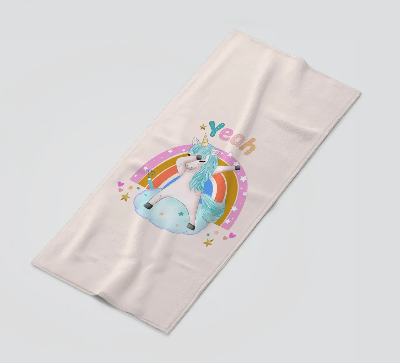 Yeah, this unicorn is dancing and happy. Personalise it beach towel by CalliLetters