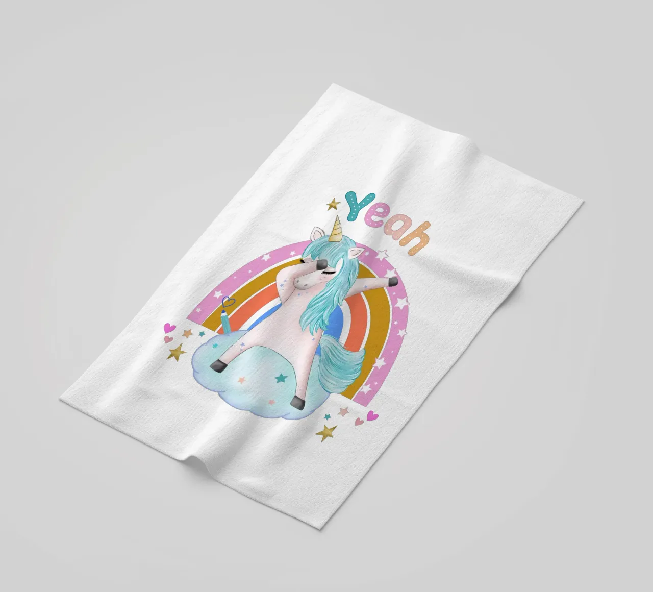 Yeah, this unicorn is dancing and happy. Personalise it beach towel by CalliLetters