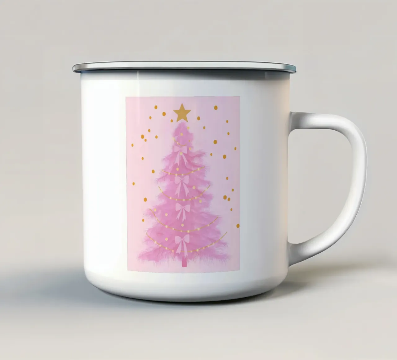Cute Pink Christmas Tree Pink Bows Preppy Coquette Y2K enamel mug by Gentle Echoes Art