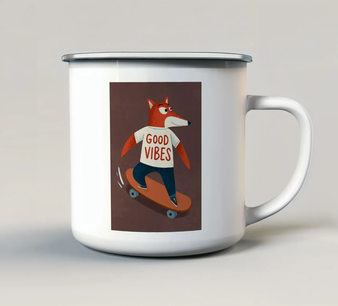 Volpe alla moda con skateboard e maglietta good vibes tazza in smalto da kidz&family