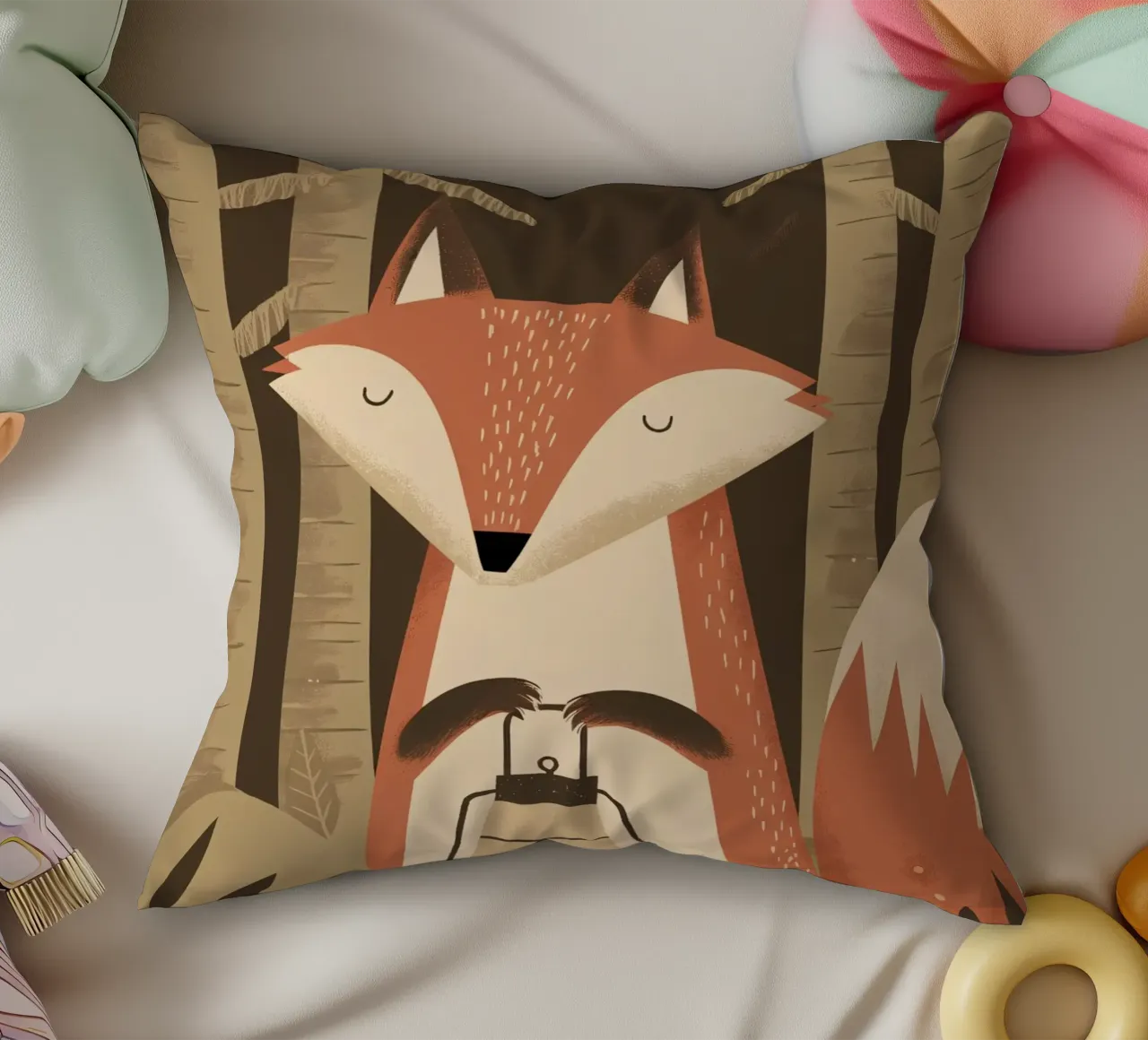Volpe calma che tiene una lanterna nella foresta cuscino da kidz&family