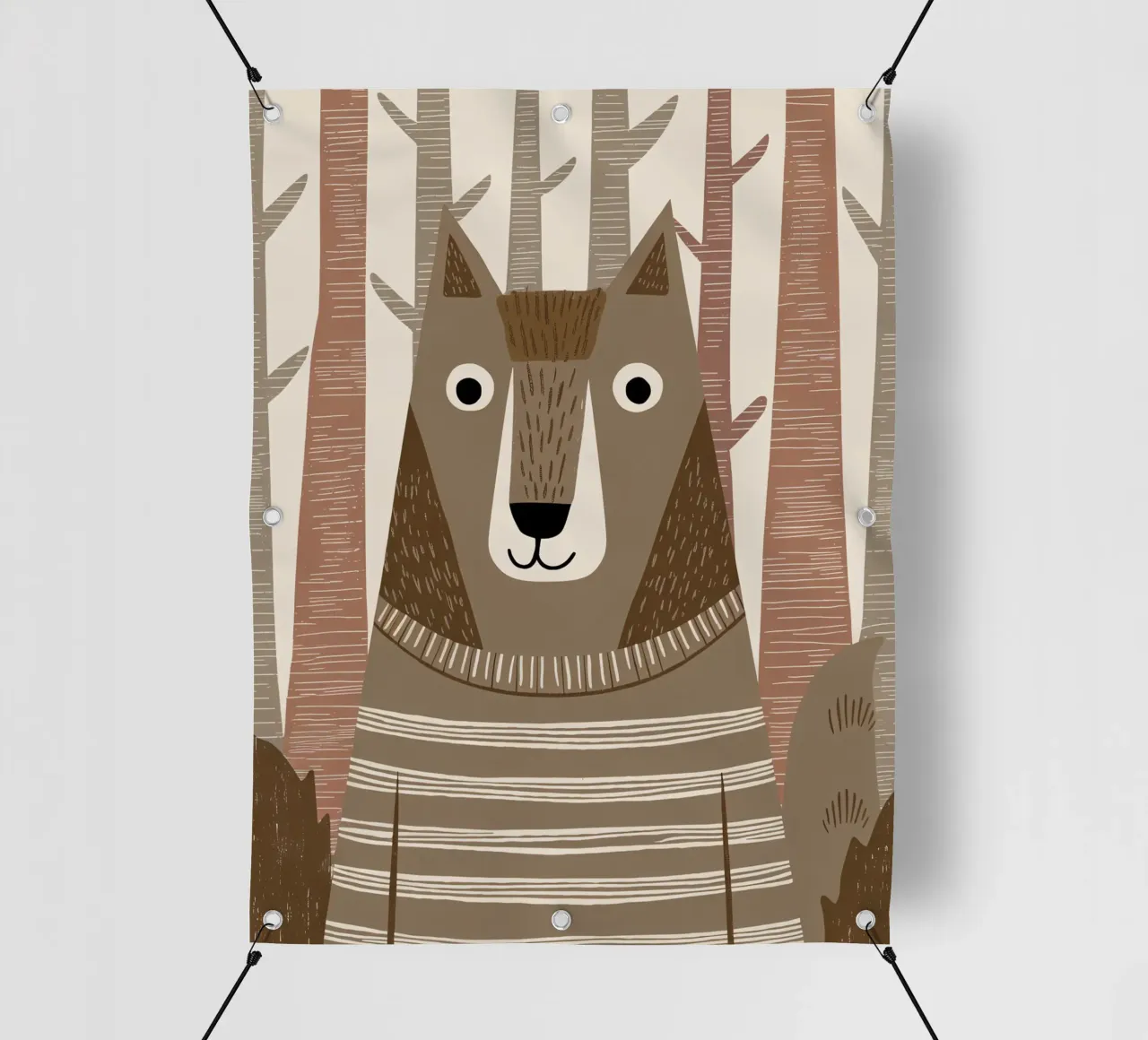 Un simpatico lupo con un maglione a righe nella foresta telo in pvc da kidz&family