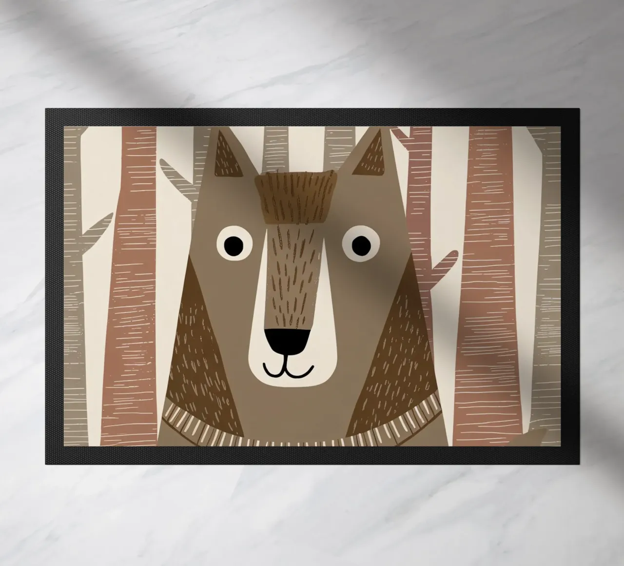 Un simpatico lupo con un maglione a righe nella foresta zerbino da kidz&family