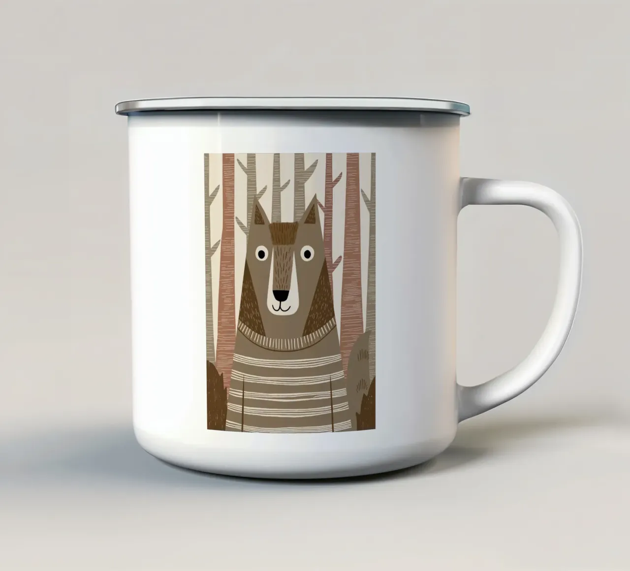 Un simpatico lupo con un maglione a righe nella foresta tazza in smalto da kidz&family