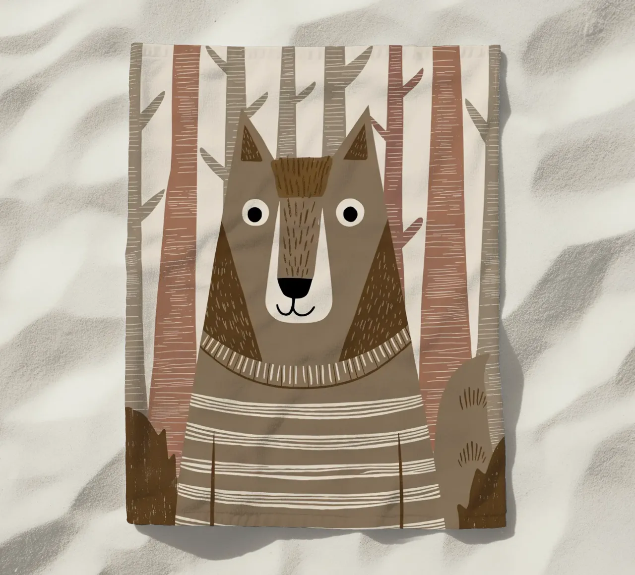 Un simpatico lupo con un maglione a righe nella foresta telo mare da kidz&family