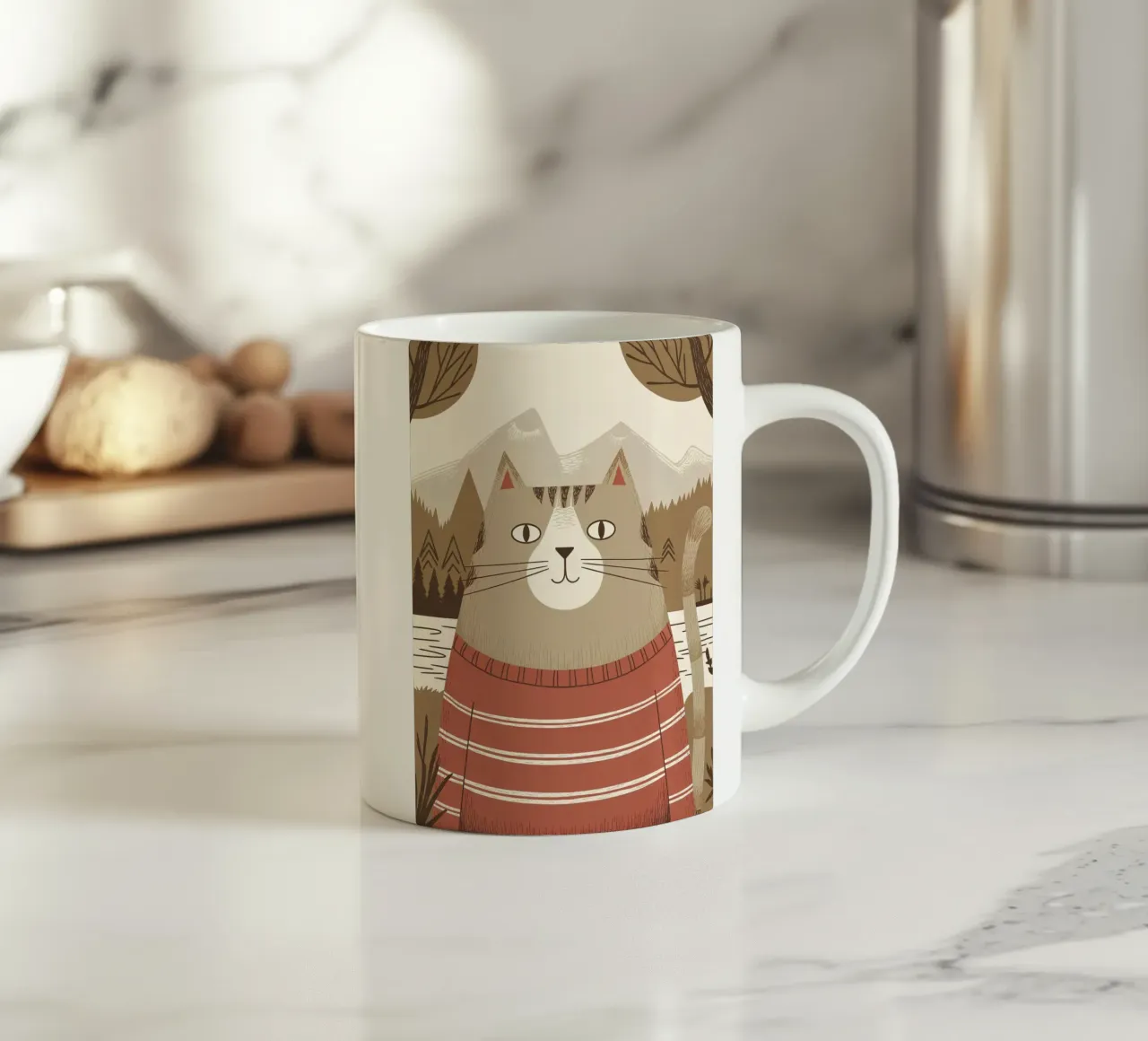 Un simpatico gatto con un maglione a righe in montagna tazza in ceramica da kidz&family