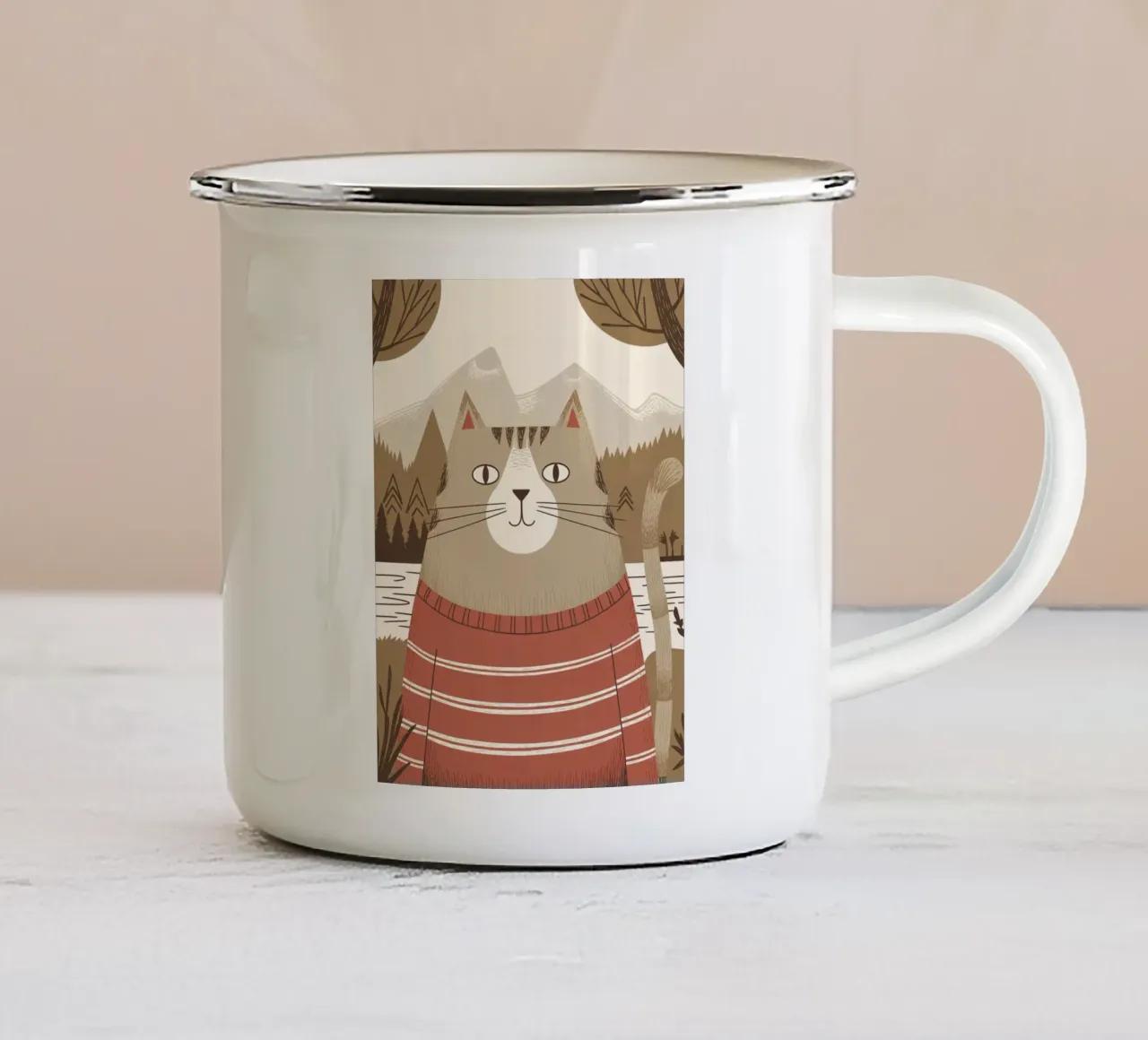 Un simpatico gatto con un maglione a righe in montagna tazza in smalto da kidz&family