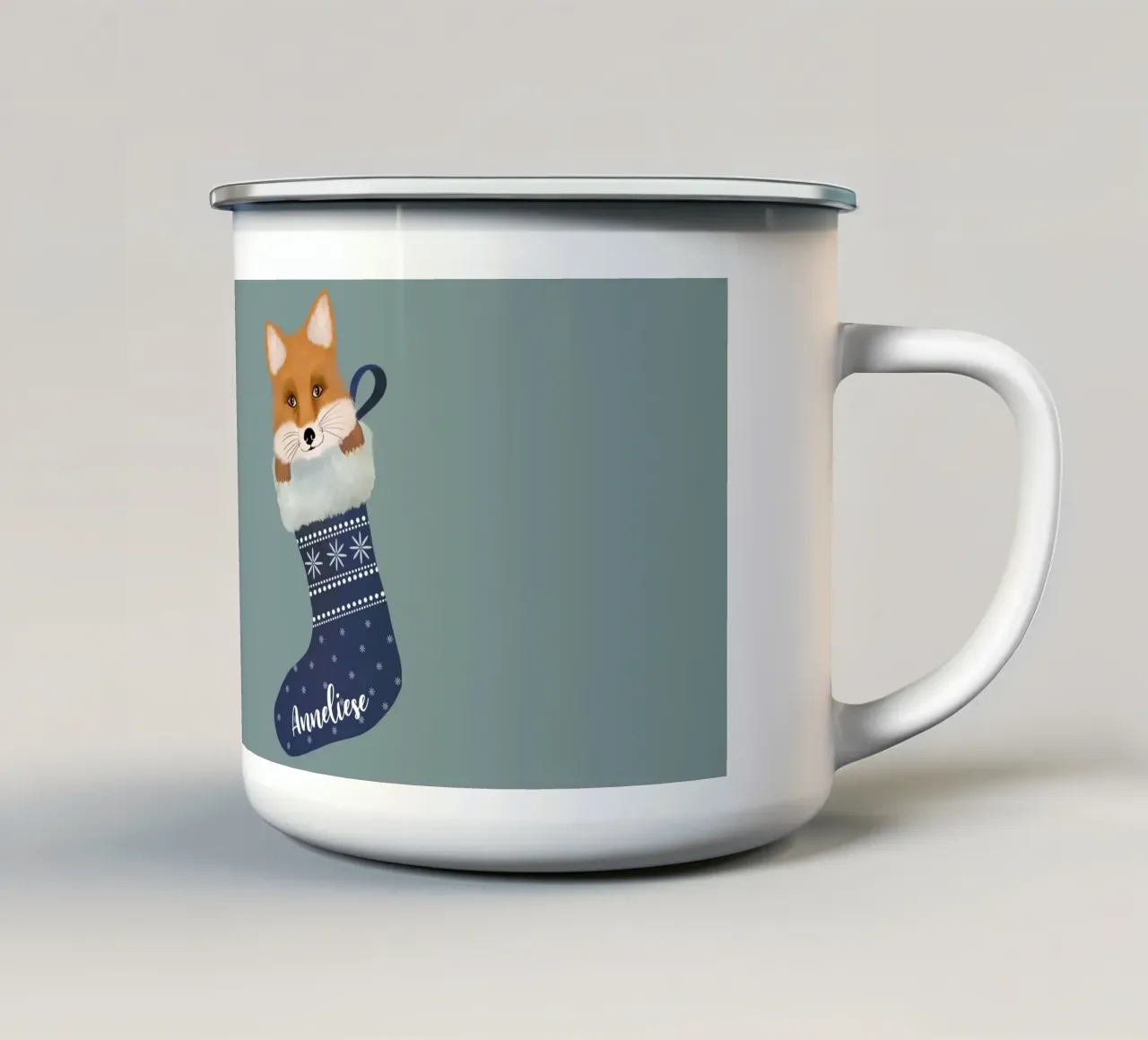 Volpe in una calza di Natale tazza in smalto da Winter Whispers