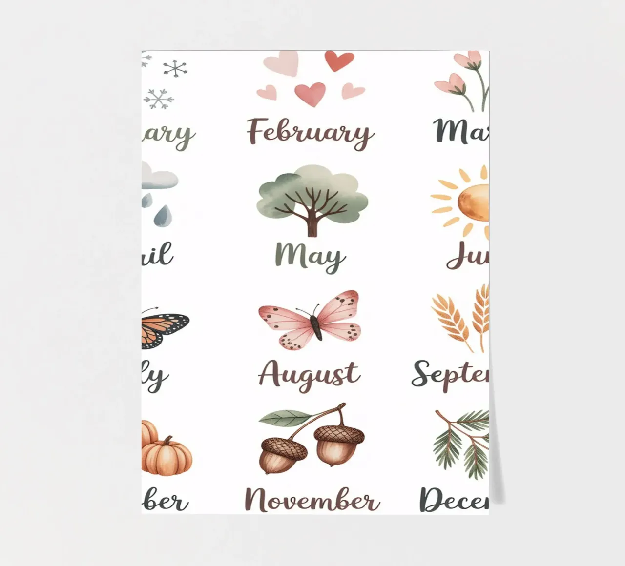 Maanden van het jaar in het Engels, geïllustreerd in educatieve stijl stickervel van kidz&family