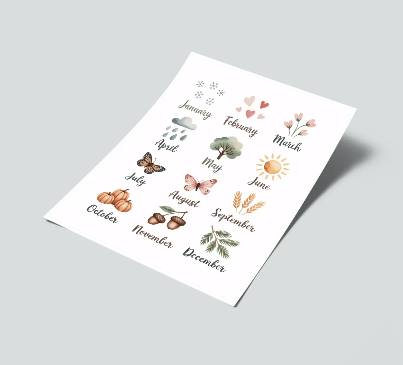 Maanden van het jaar in het Engels, geïllustreerd in educatieve stijl stickervel van kidz&family