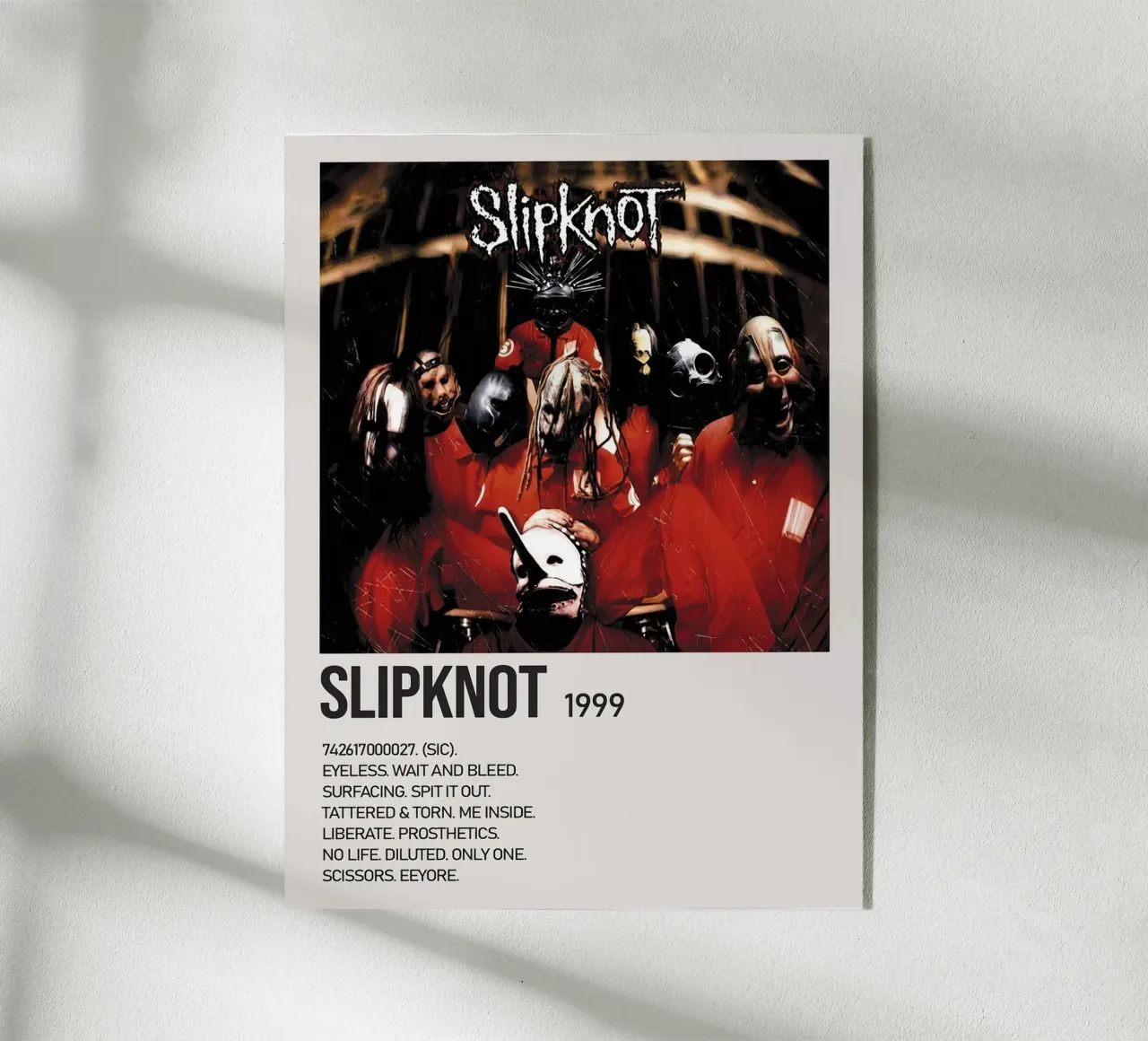 Slipknot Tracklists plexiglass da Banda Neira