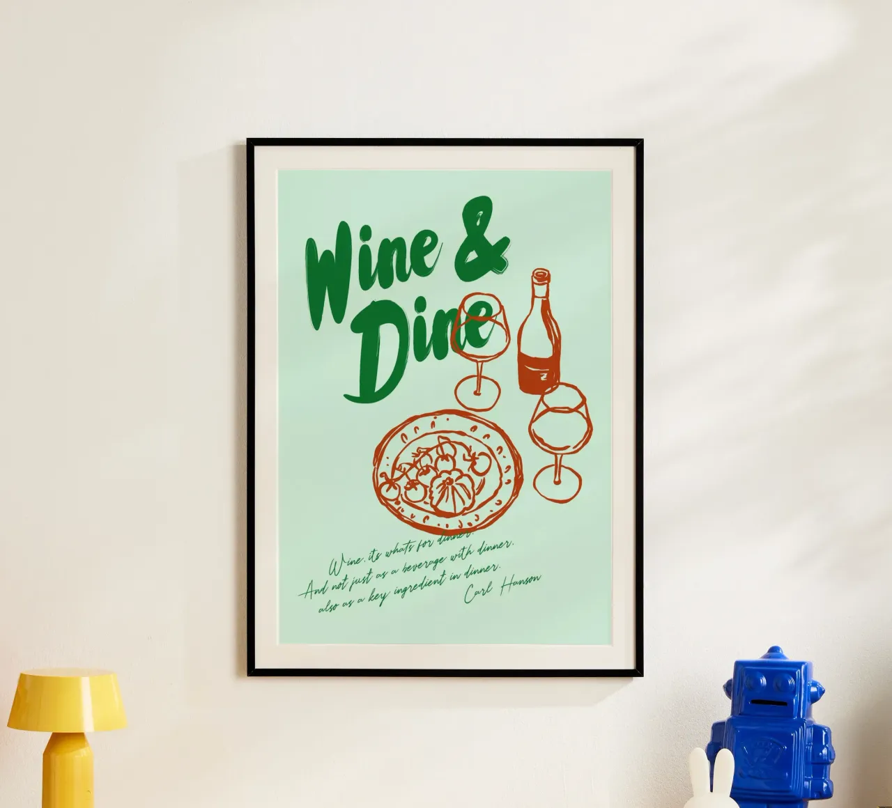 Boho Food 14 Wine and Dine poster con telaio in legno da Boho Print Collection