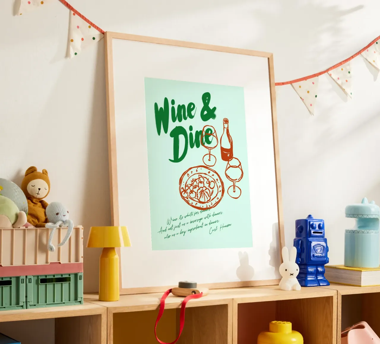 Boho Food 14 Wine and Dine poster con telaio in legno da Boho Print Collection
