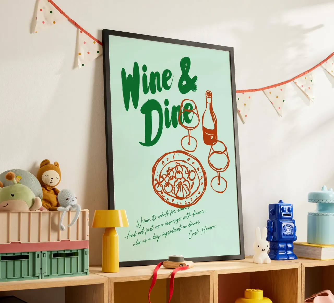Boho Food 14 Wine and Dine poster con telaio in legno da Boho Print Collection