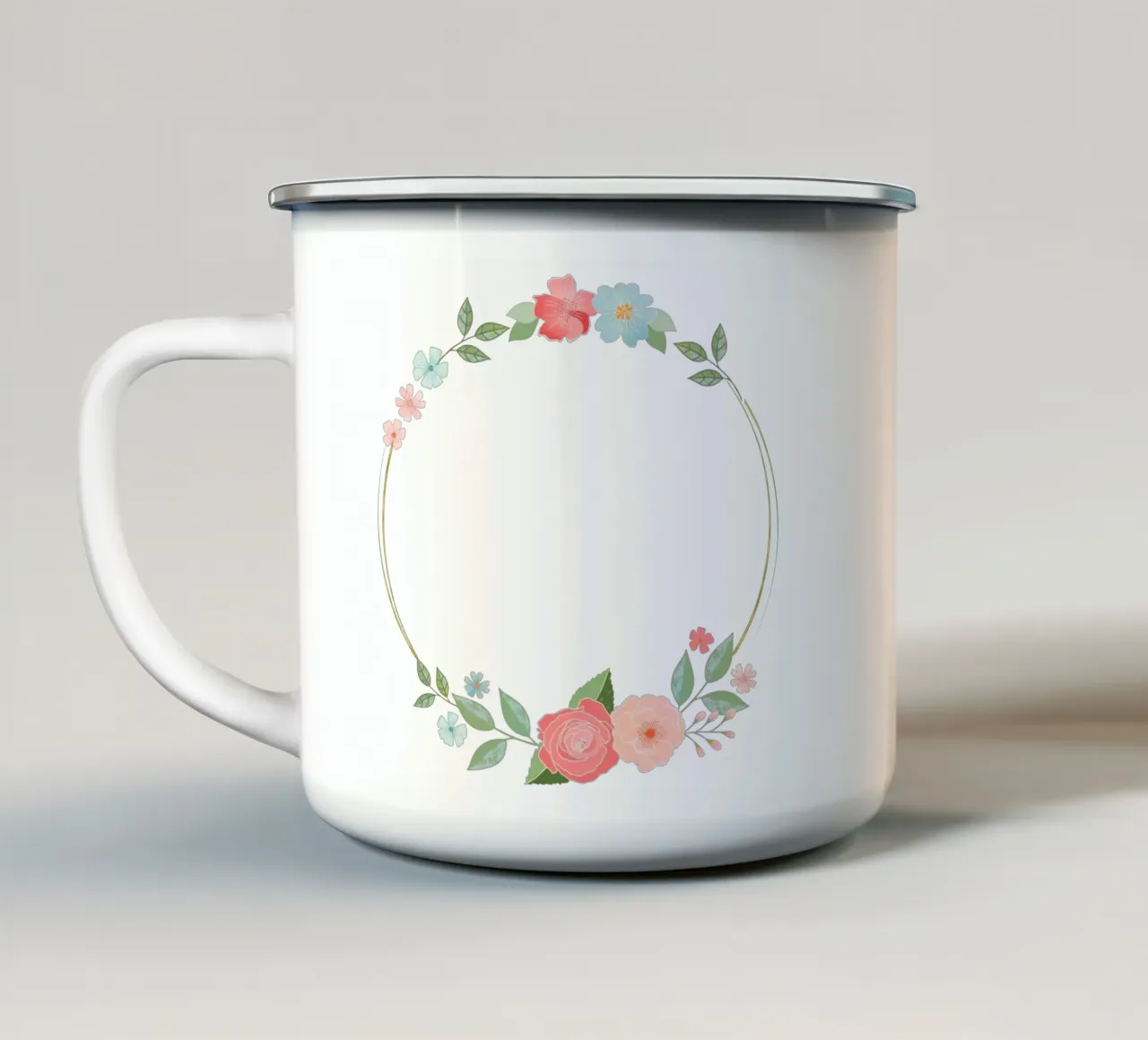 Gorgeous floral wreath with gold rim. Congratulations enamel mug by CalliLetters