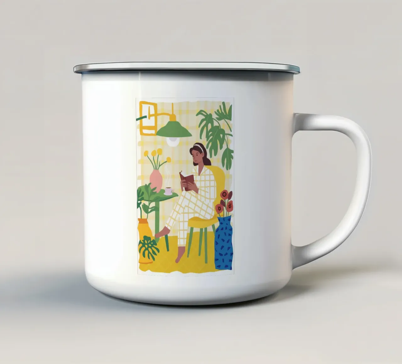 Contemplazione in un caffè illuminato dal sole tazza in smalto da Sky Velour