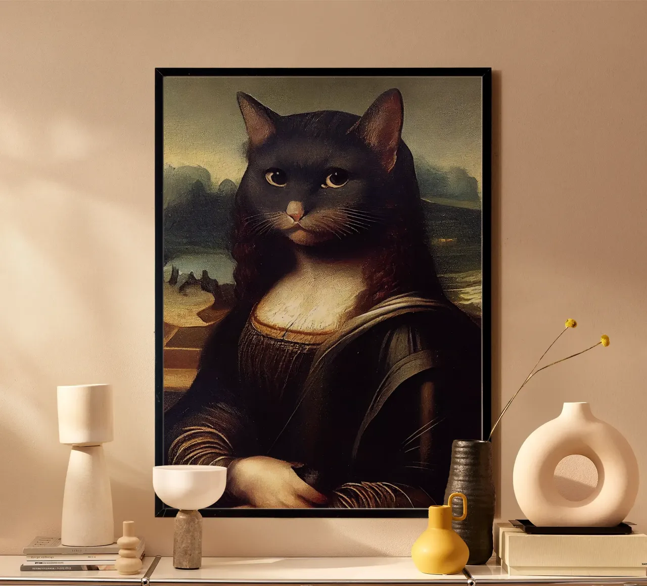 Meowlisa poster con telaio in legno da Dikhotomy