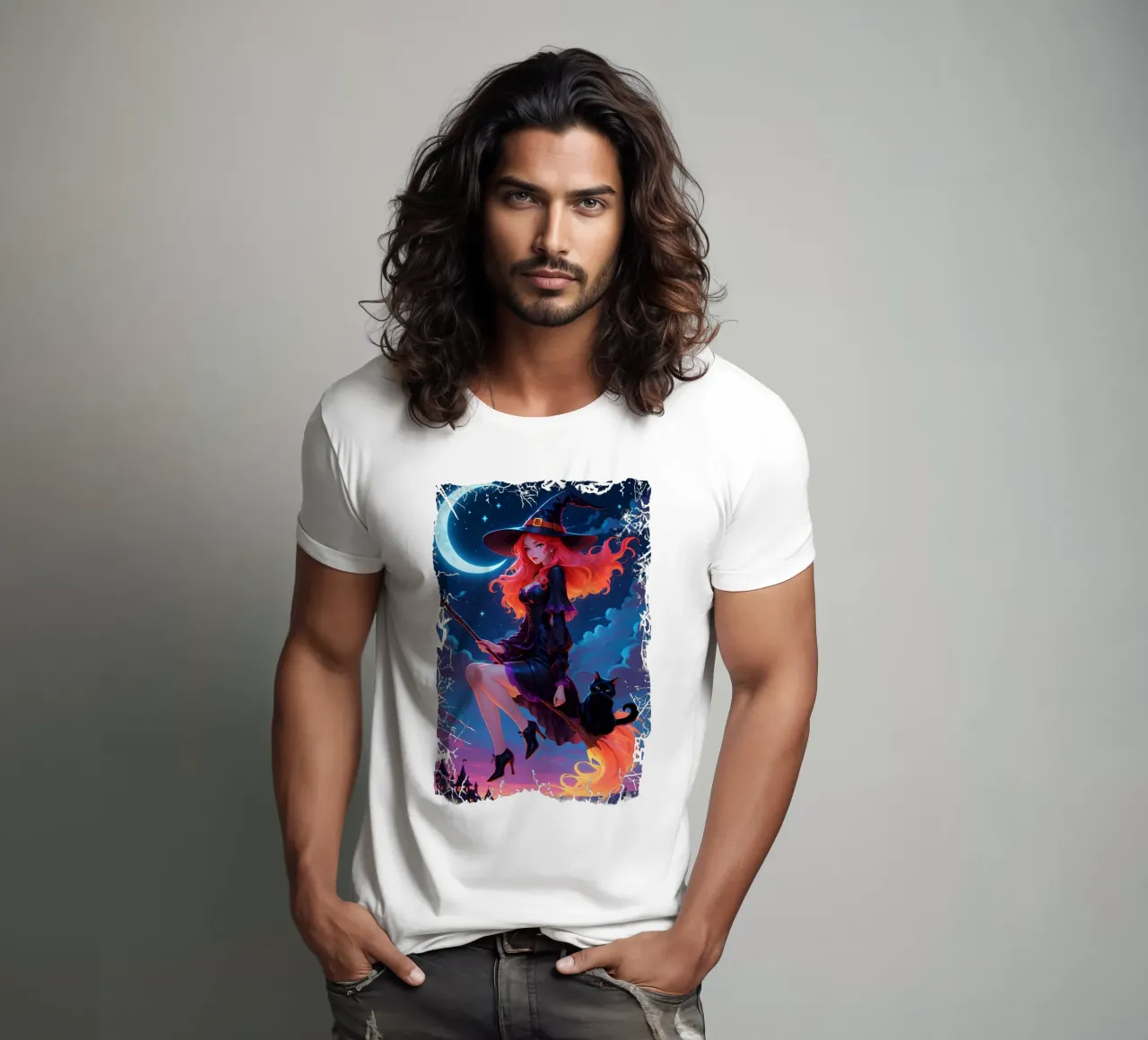 Witch and Black Cat Flying on a Broom t-shirt by Eva Nev