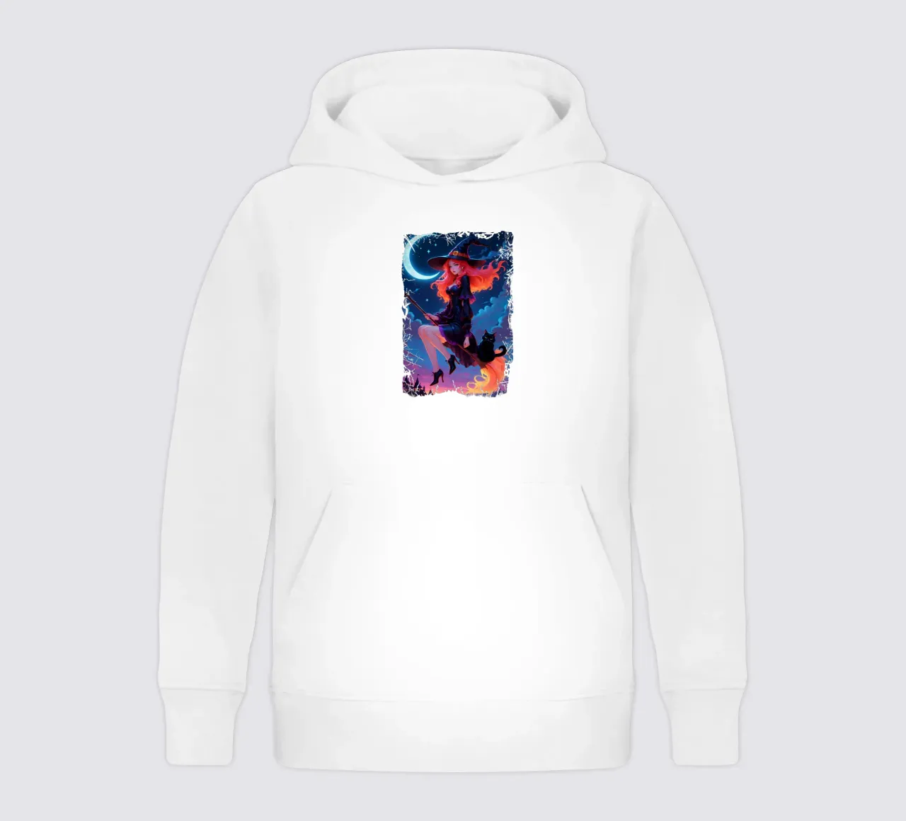 Witch and Black Cat Flying on a Broom kids hoodie by Eva Nev
