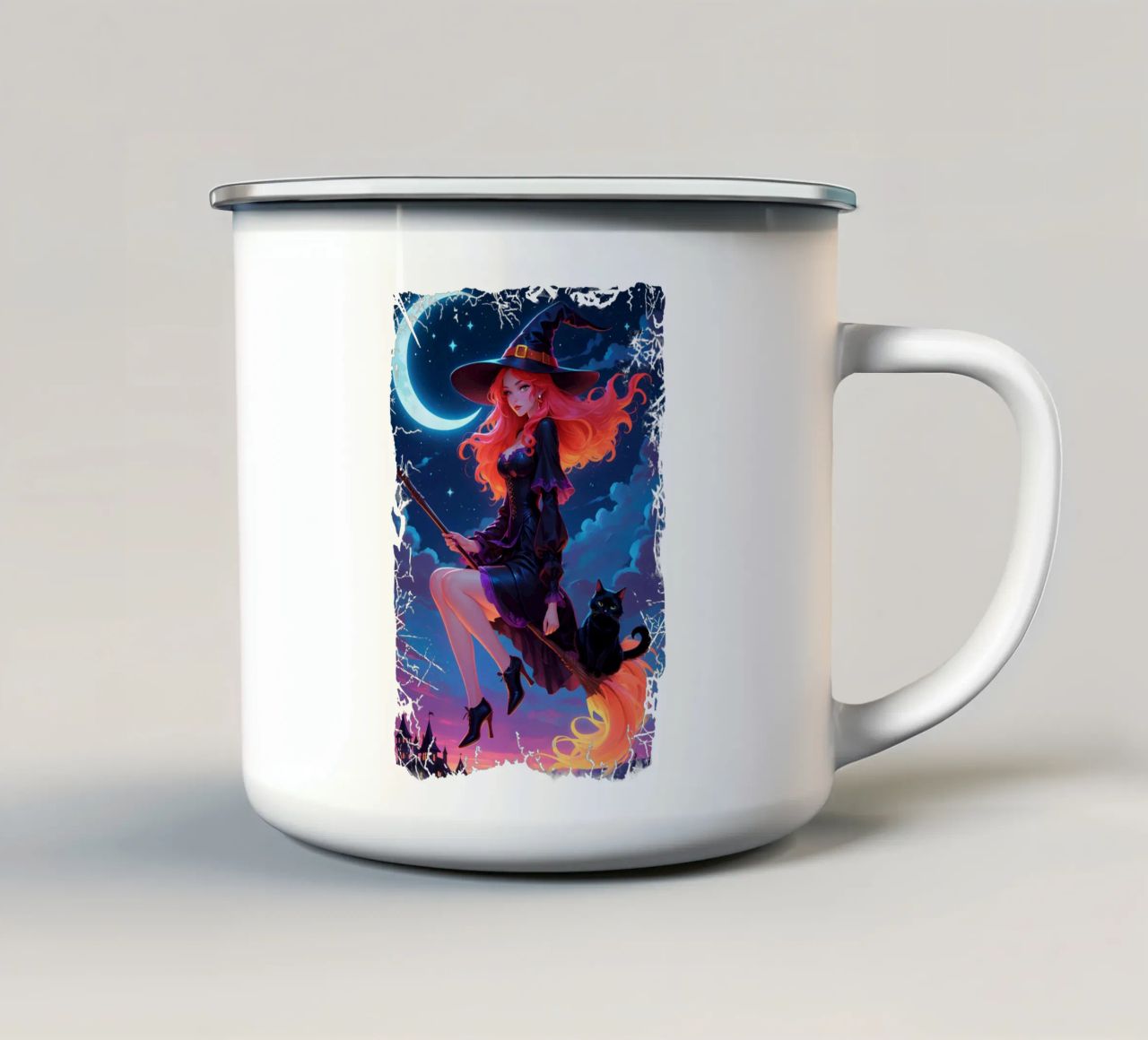 Strega e gatto nero che volano su una scopa tazza in smalto da Eva Nev
