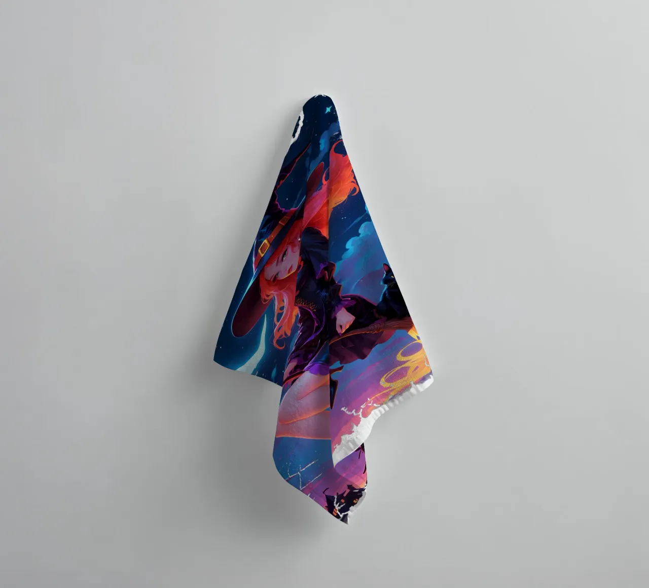Witch and Black Cat Flying on a Broom towel by Eva Nev