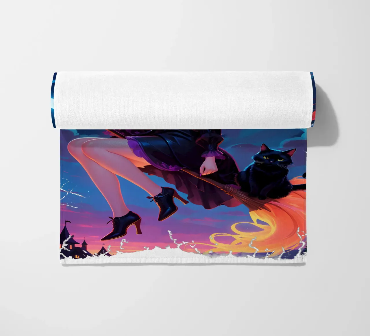 Witch and Black Cat Flying on a Broom beach towel by Eva Nev