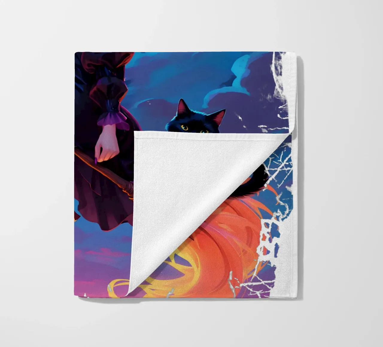 Witch and Black Cat Flying on a Broom beach towel by Eva Nev
