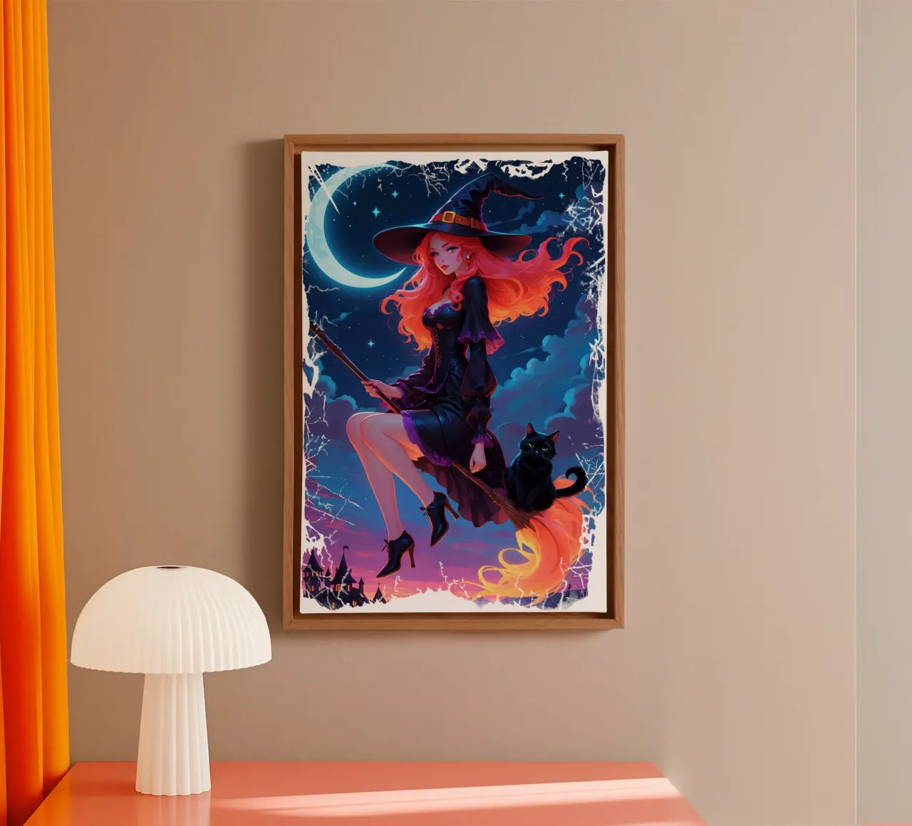Witch and Black Cat Flying on a Broom canvas by Eva Nev