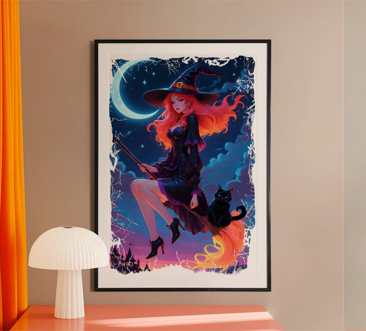 Witch and Black Cat Flying on a Broom hahnemühle by Eva Nev