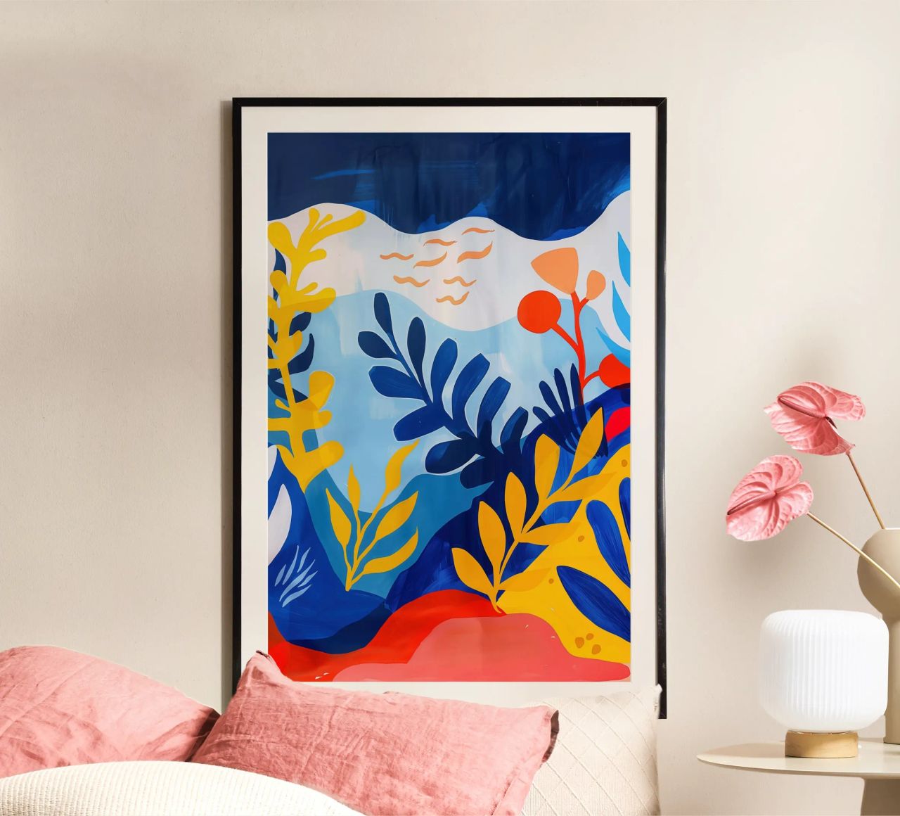 Pièce florale de lac avec des fleurs de plage poster de Autofocus