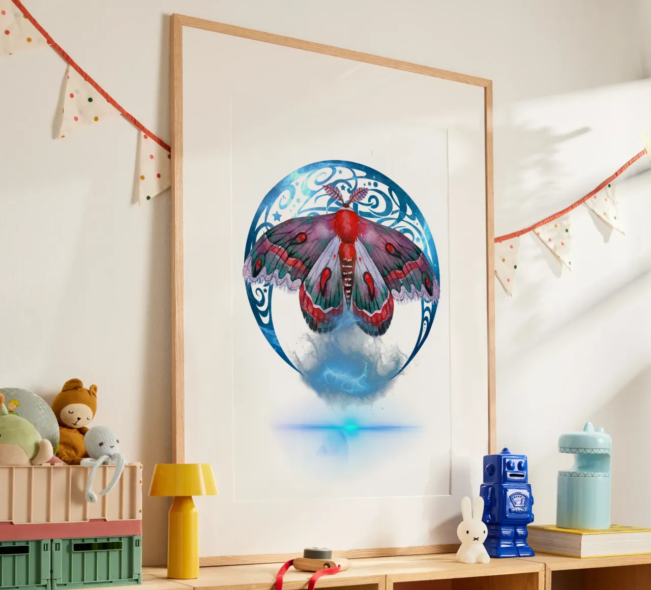 Falena mistica con luna e stelle poster con telaio in legno da Eva Nev